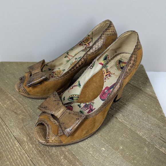 Miss L Fire Leather Suede Bow Heels Size 6 Vintage Style Peep Toe Retro Pinup 3" - Picture 2 of 10